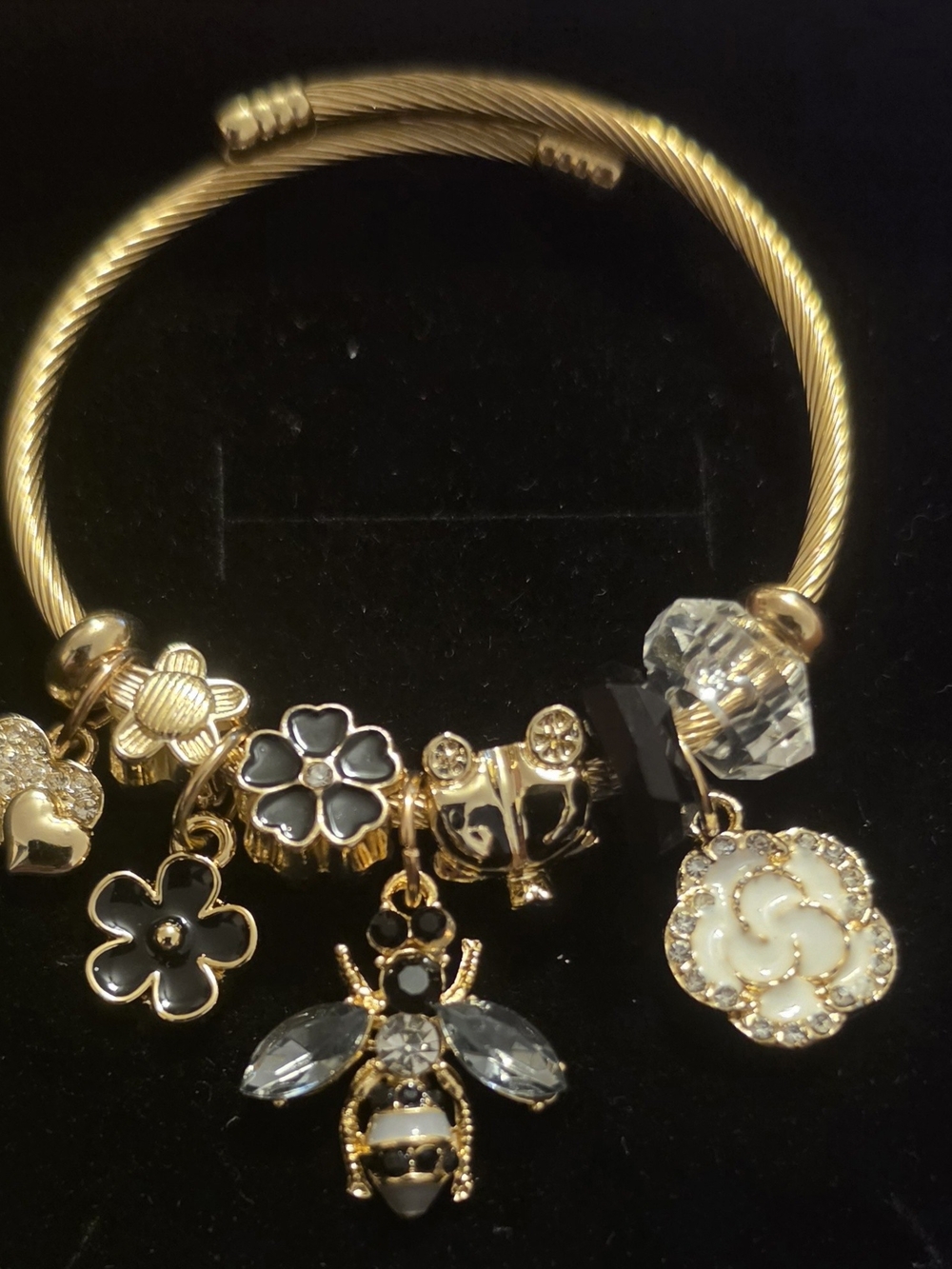 Gold Tone Bee & Floral Charm Bangle Bracelet - Women Jewelry